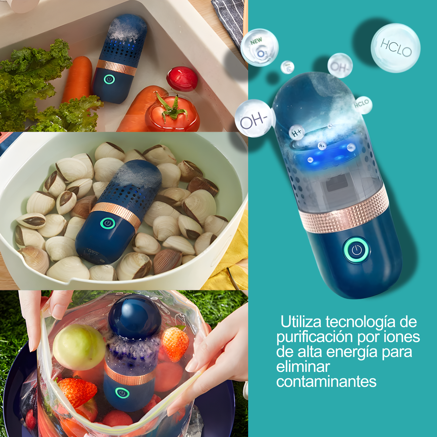 Purificador Portátil de Frutas y Verduras — Elimina Pesticidas y Bacterias, Recargable