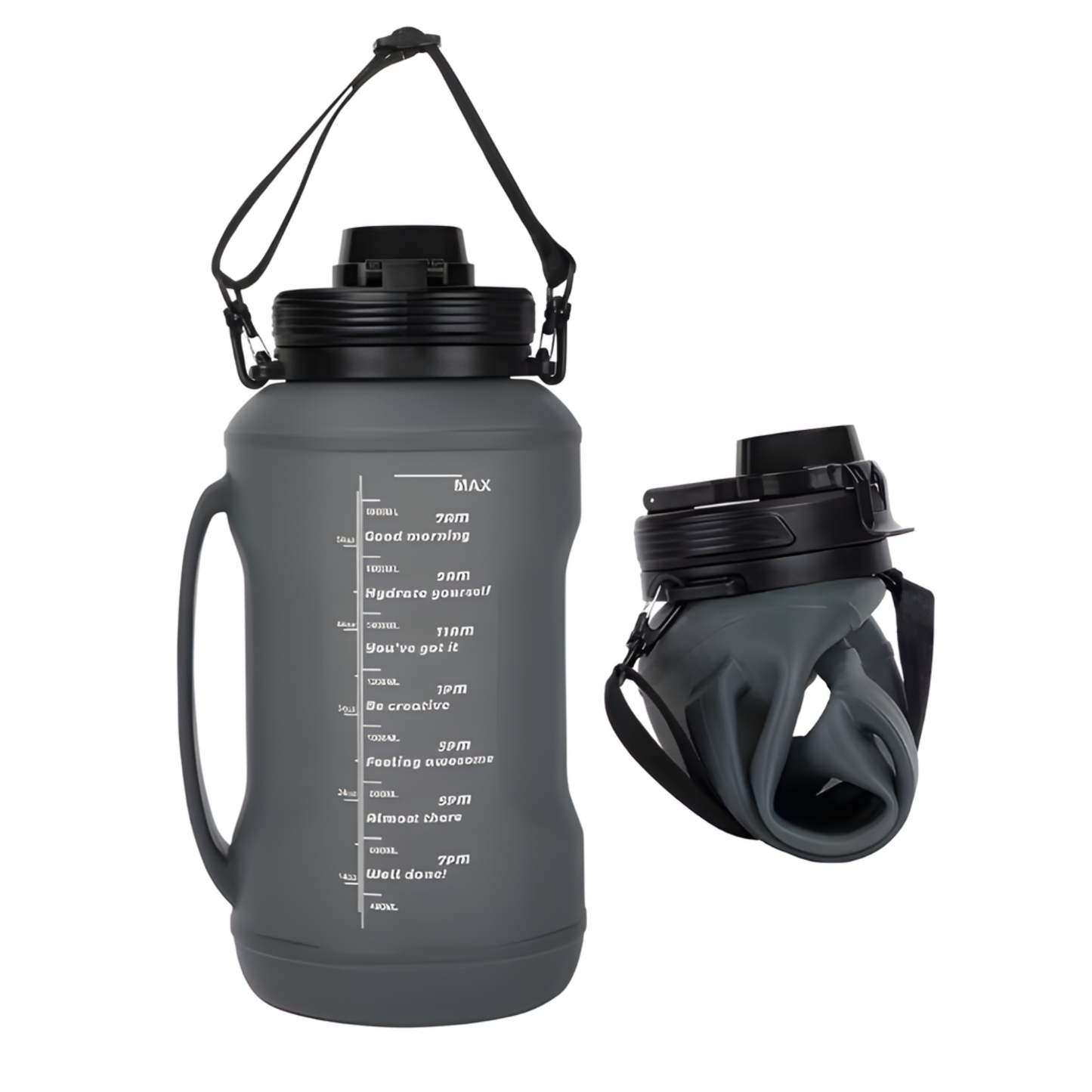 Botella de Agua Plegable 2 Litros — Silicona, Motivacional con Marcas de Tiempo, Para Deporte y Viaje