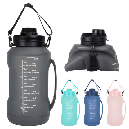Botella de Agua Plegable 2 Litros — Silicona, Motivacional con Marcas de Tiempo, Para Deporte y Viaje