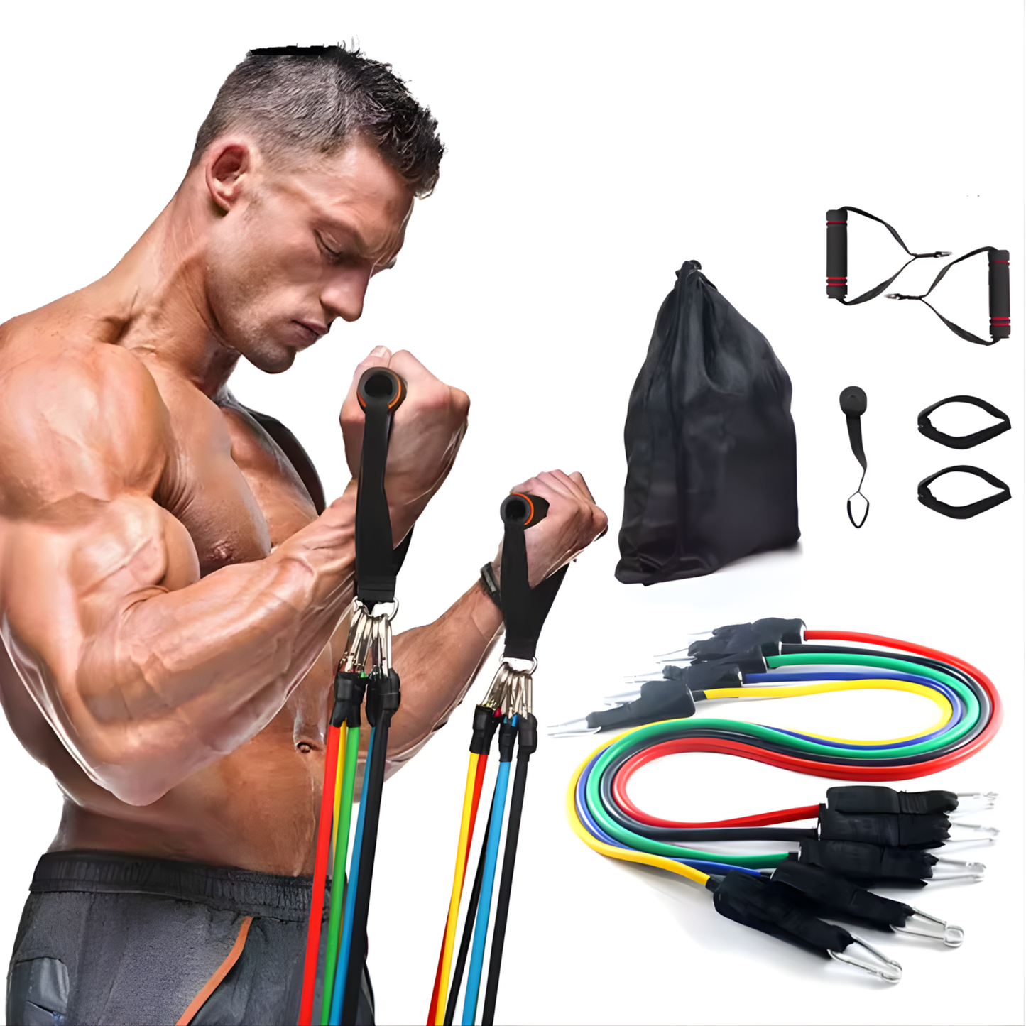 Kit Completo de Bandas de Resistencia 11 Piezas — 5 Niveles de Tensión, Para Entrenar Todo el Cuerpo en Casa