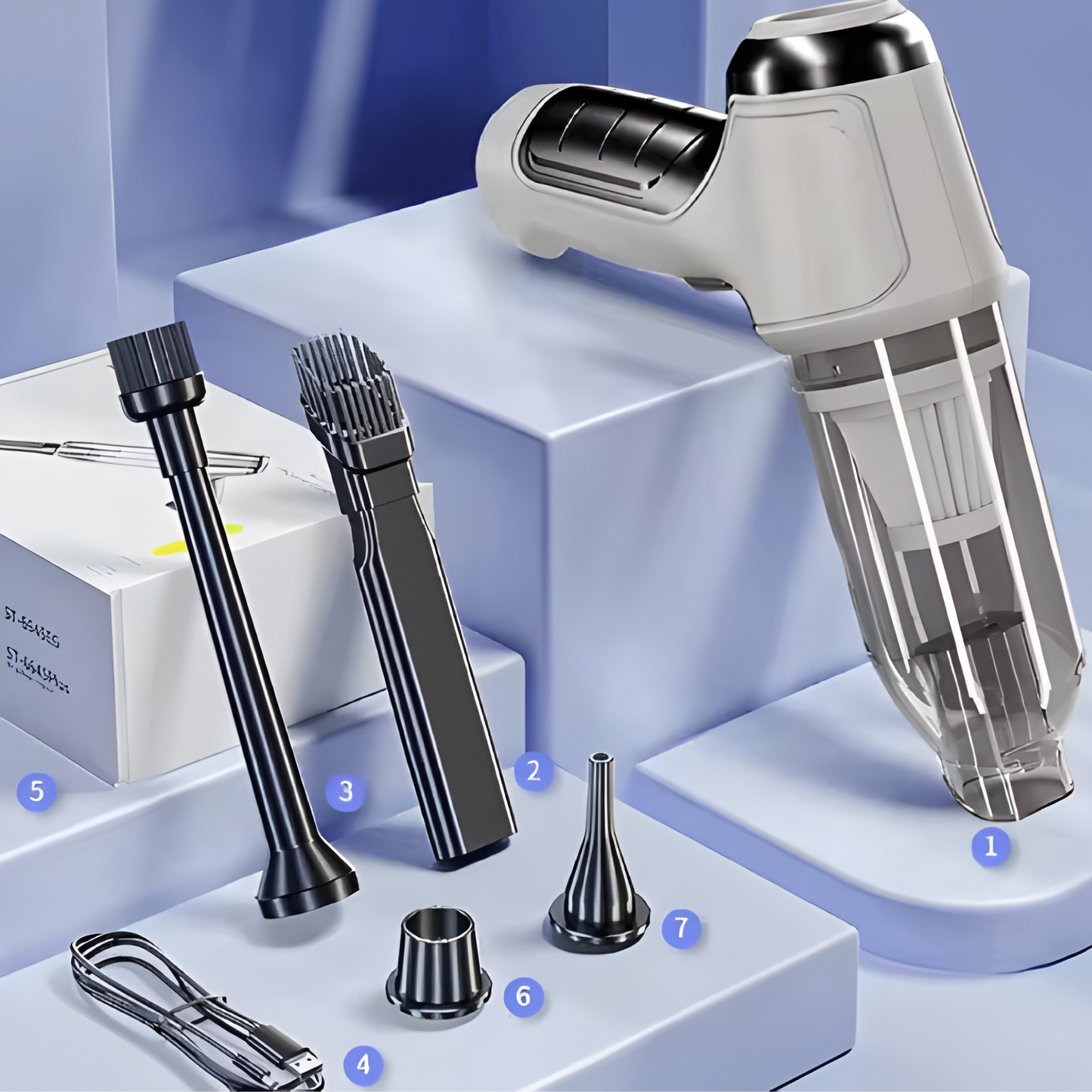 Aspiradora Portátil Inalámbrica con 4 Boquillas — Para Auto, Escritorio y Rincones, Recargable USB