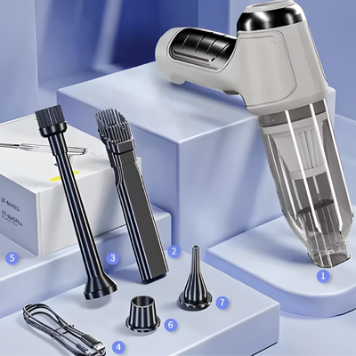 Aspiradora Portátil Inalámbrica con 4 Boquillas — Para Auto, Escritorio y Rincones, Recargable USB